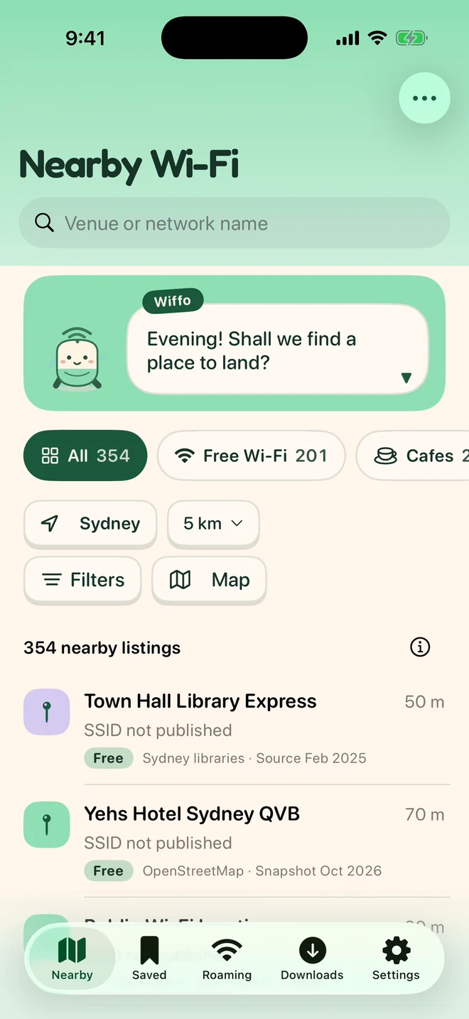 The WiFi Companion iPhone app showing the downloaded Sydney map around Homebush, with map attribution